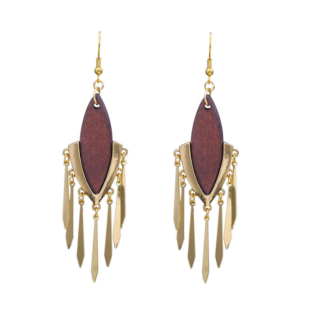 GOLD TONE & WOOD IMITATION DANGLING EARRINGS 3.5' INCH (#206)