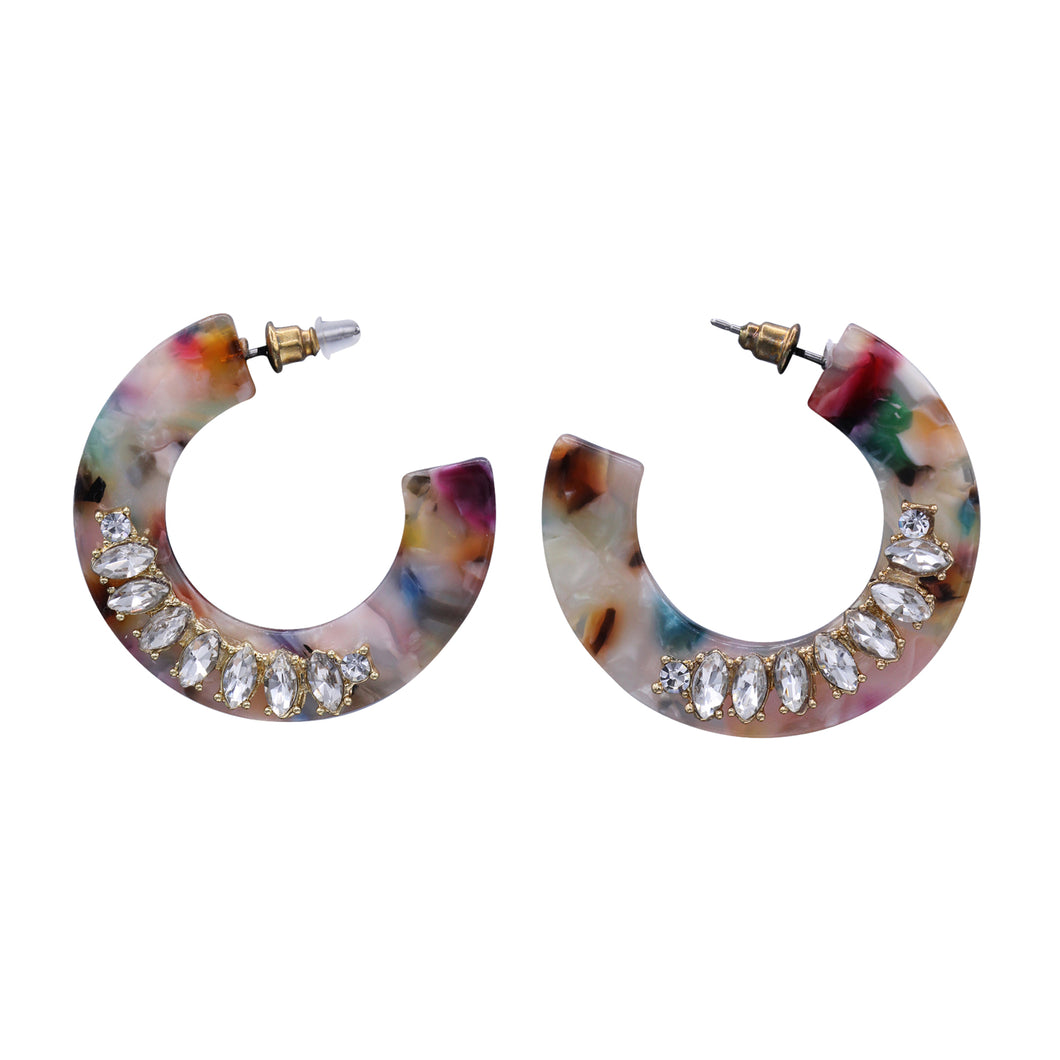 HOOP MULTI COLOR RESIN & RHINESTONES EARRINGS 1.5' INCH  (#219)