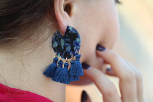 BLUE TASSEL RESIN & THREAD EARRINGS CUTE DANGLING STYLE  (#103)