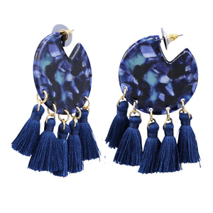 BLUE TASSEL RESIN & THREAD EARRINGS CUTE DANGLING STYLE  (#103)