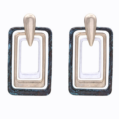 SILVER & GOLD TONE ANTIQUE STYLE EARRINGS RECTANGLE SHAPE 2' INCH (#176)