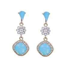 Load image into Gallery viewer, DANGLING EARRINGS WITH BLUE &amp; WHITE RHINESTONES 1.75&#39; INCH (#182)