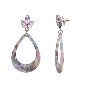 PEAR SHAPE DROP EARRING MULTI RESIN & PURPLE RHINESTONES 2' INCH (188)