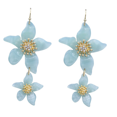 LIGHT BLUE FLOWER DANGLING EARRINGS 2.5' INCH (#76)