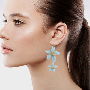 LIGHT BLUE FLOWER DANGLING EARRINGS 2.5' INCH (#76)