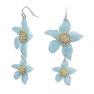 LIGHT BLUE FLOWER DANGLING EARRINGS 2.5' INCH (#76)