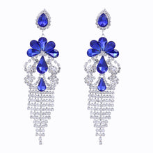 Load image into Gallery viewer, BLUE CHANDELIER EARRINGS DANGLING WITH BLUE &amp; WHITE RHINESTONES (#85)