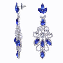 Load image into Gallery viewer, BLUE CHANDELIER EARRINGS DANGLING WITH BLUE &amp; WHITE RHINESTONES (#86)