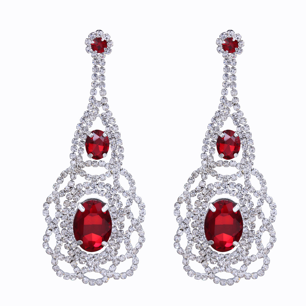 RED CHANDELIER EARRINGS DANGLING TASSEL WITH RED RHINESTONES (#87)