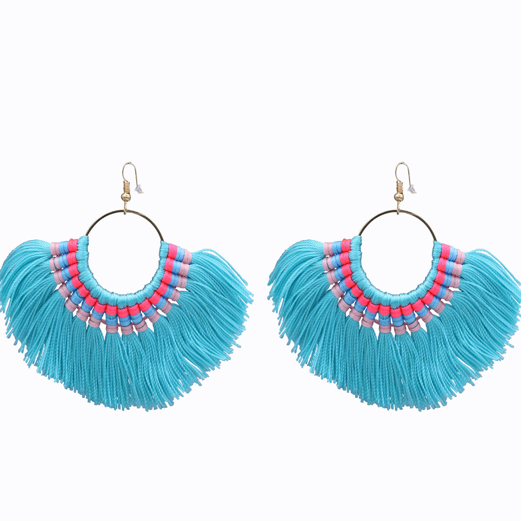 FRINGE HOOPS EARRINGS DANGLING CHANDELIER BLUE & THREAD CUTE EARRINGS (#92)