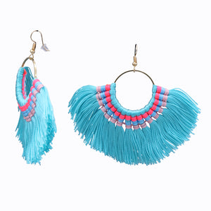 FRINGE HOOPS EARRINGS DANGLING CHANDELIER BLUE & THREAD CUTE EARRINGS (#92)