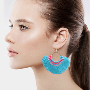 FRINGE HOOPS EARRINGS DANGLING CHANDELIER BLUE & THREAD CUTE EARRINGS (#92)