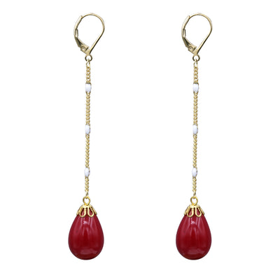 Red Drop Dangling Earrings Long Chain Approx 3' Inch Long (#46)