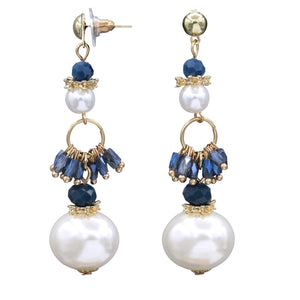 Long Pearl Earrings Dangling Pearl & Blue Stones  (#51)