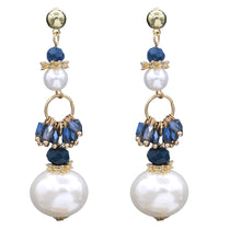 Load image into Gallery viewer, Long Pearl Earrings Dangling Pearl &amp; Blue Stones  (#51)