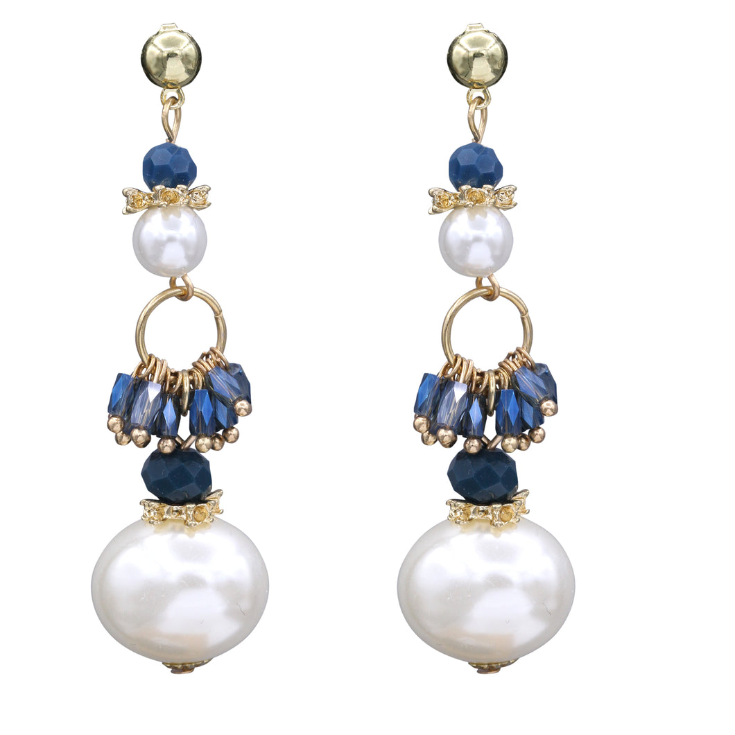 Long Pearl Earrings Dangling Pearl & Blue Stones  (#51)