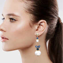 Load image into Gallery viewer, Long Pearl Earrings Dangling Pearl &amp; Blue Stones  (#51)